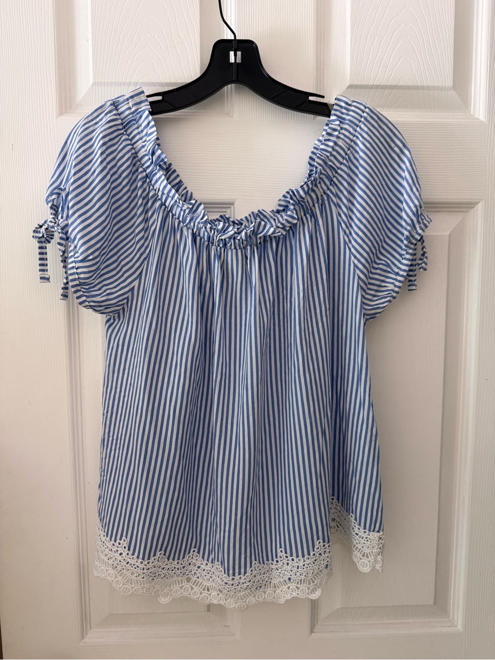 Crave fame  Blue and White Striped Off-Shoulder Peasant Top with Lace Hem